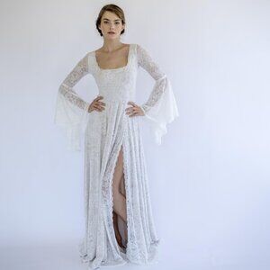 Boho Lace Wedding Dress: Bell Sleeves, Champagne Lining, Vintage Bridal Gown